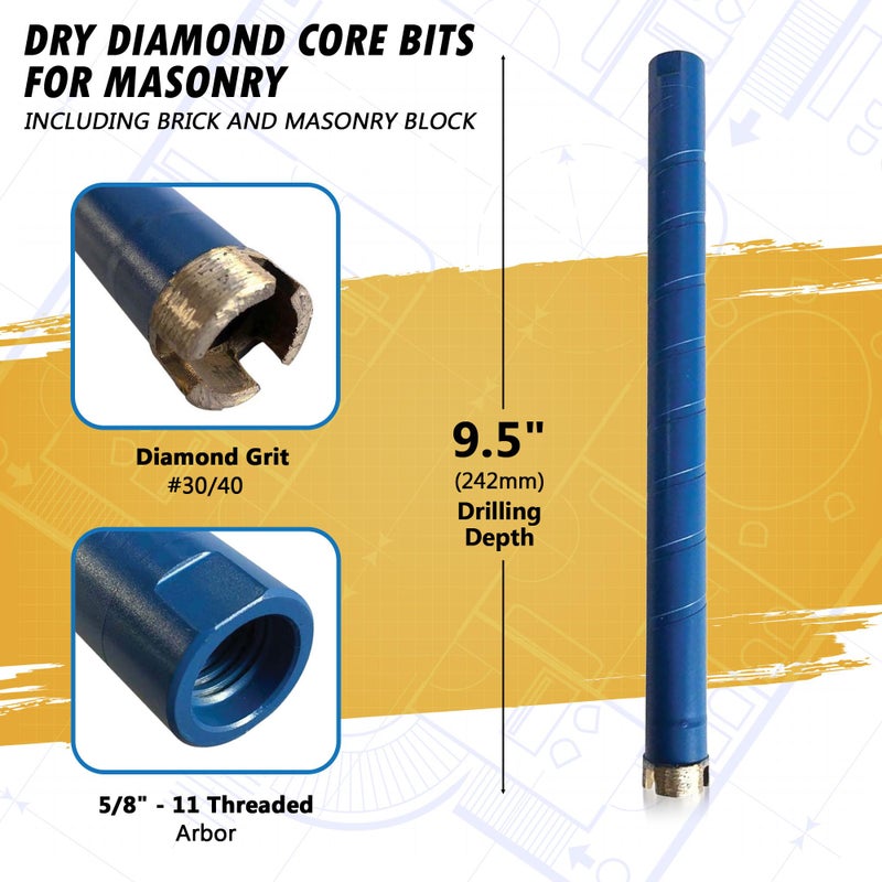 EDiamondTools 1" Dry Diamond Core Drill Bits for Brick, Block or Masonry, 9.5" Drilling Depth, 5/8"-11 Arbor - Image 2